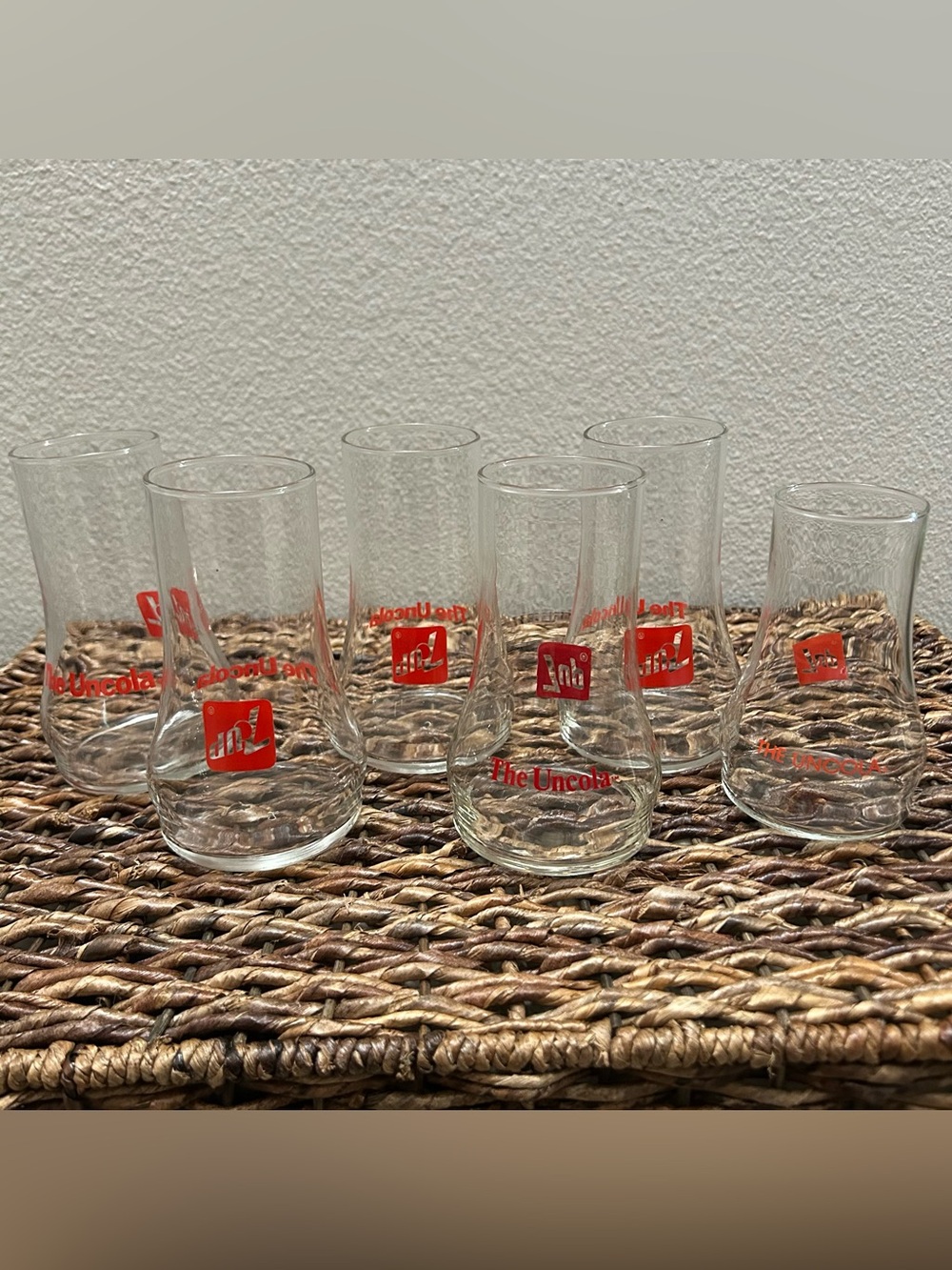 Vintage 1970s 7 UP The uncola red letters upside down drinking glasses set of 6